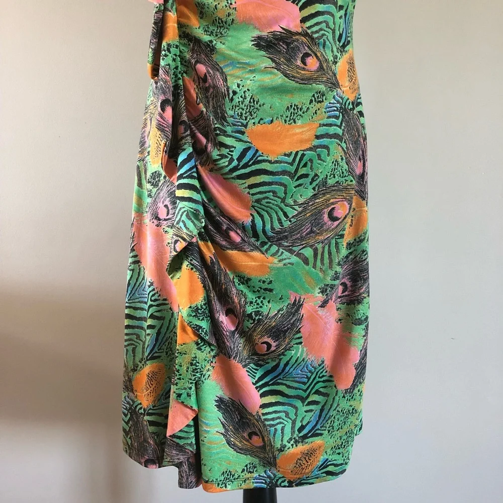 Women’s Tango Mango Tropical Ruffled front feathers & animal print dress size L - Picture 4 of 14
